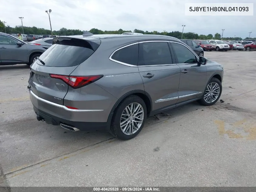 2022 Acura Mdx Advance Package VIN: 5J8YE1H80NL041093 Lot: 40425528