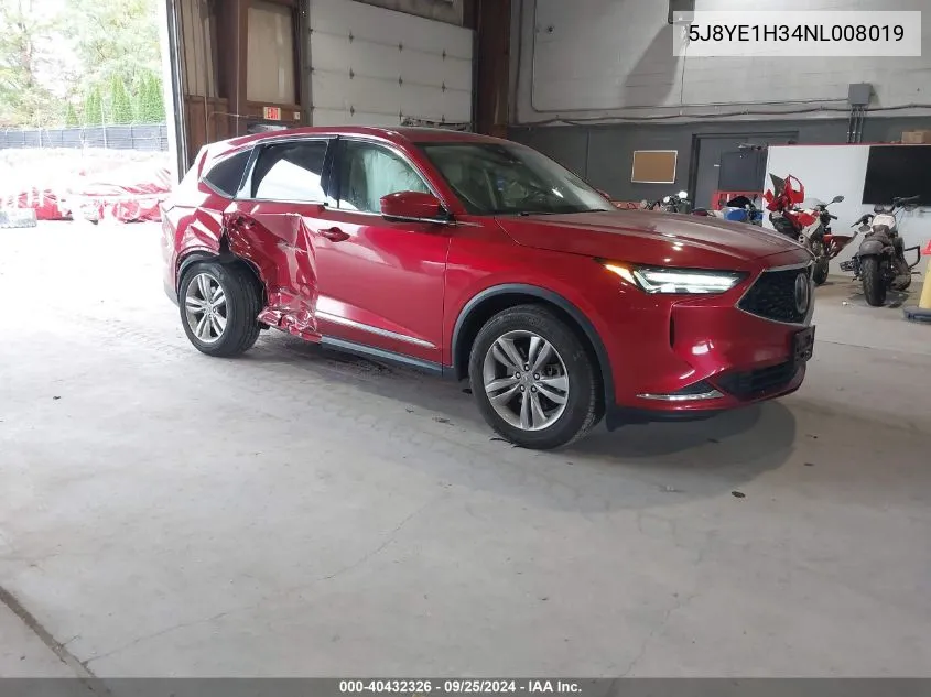 2022 Acura Mdx Standard VIN: 5J8YE1H34NL008019 Lot: 40432326