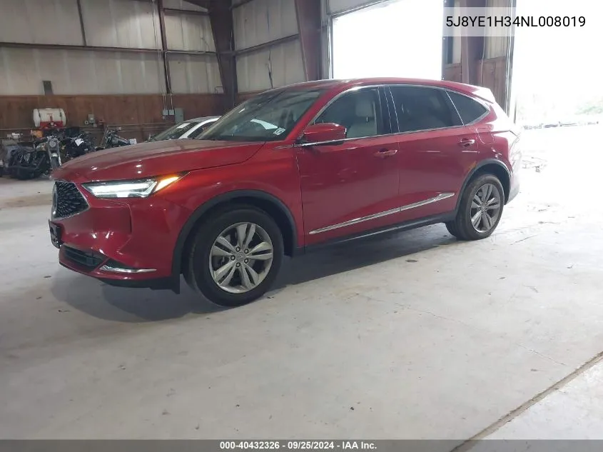 2022 Acura Mdx Standard VIN: 5J8YE1H34NL008019 Lot: 40432326