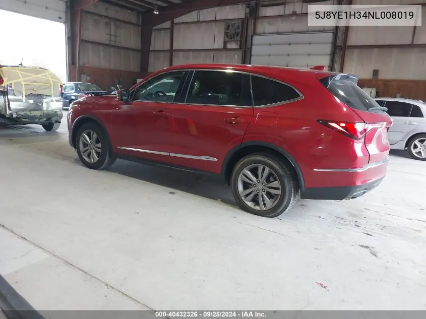 2022 Acura Mdx Standard VIN: 5J8YE1H34NL008019 Lot: 40432326