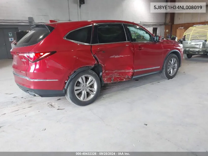 2022 Acura Mdx Standard VIN: 5J8YE1H34NL008019 Lot: 40432326