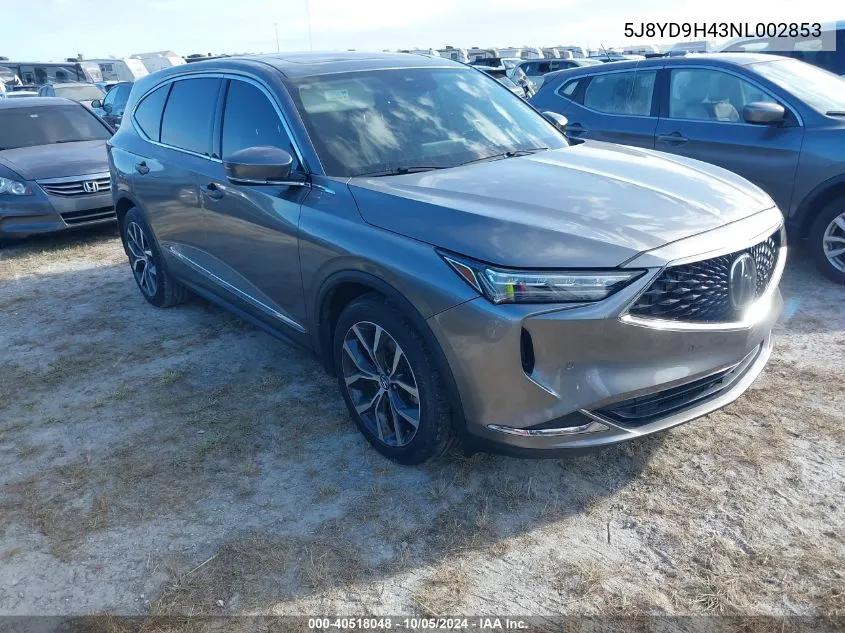 2022 Acura Mdx Technology Package VIN: 5J8YD9H43NL002853 Lot: 40518048