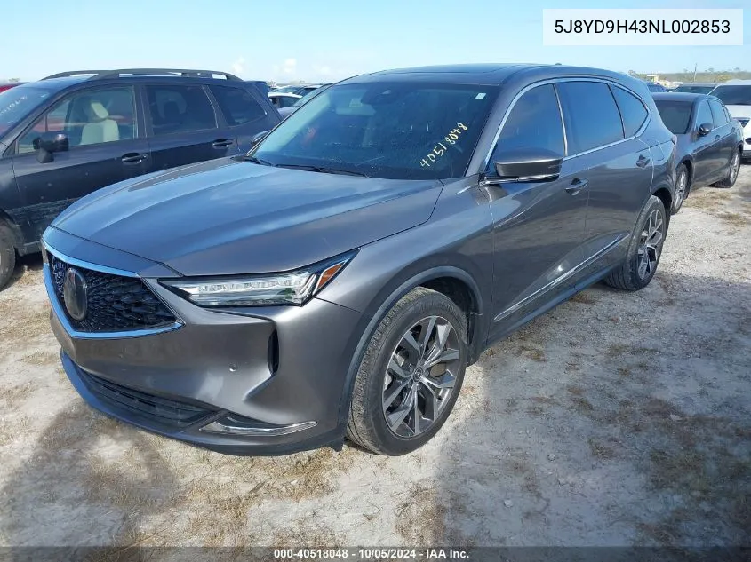 2022 Acura Mdx Technology Package VIN: 5J8YD9H43NL002853 Lot: 40518048