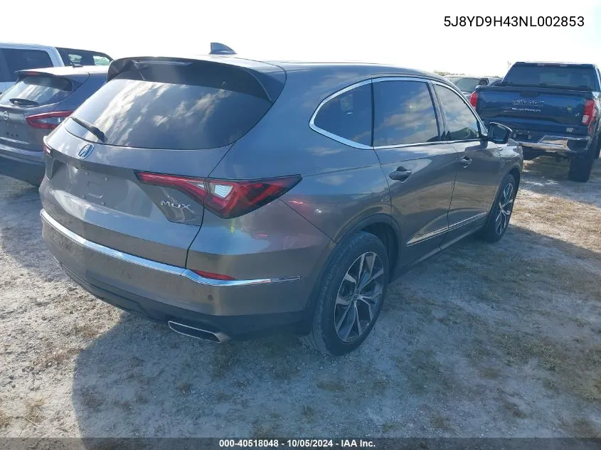 2022 Acura Mdx Technology Package VIN: 5J8YD9H43NL002853 Lot: 40518048