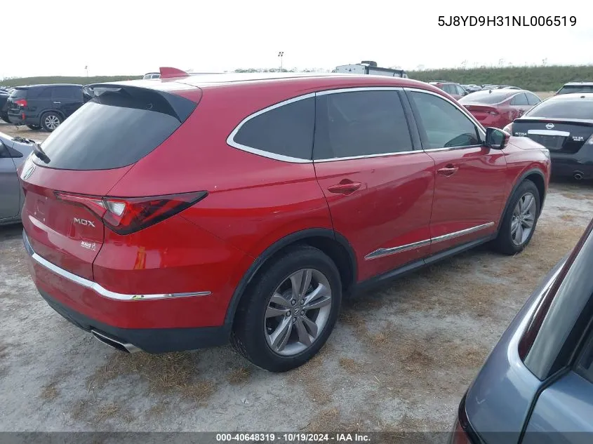 2022 Acura Mdx Standard VIN: 5J8YD9H31NL006519 Lot: 40648319