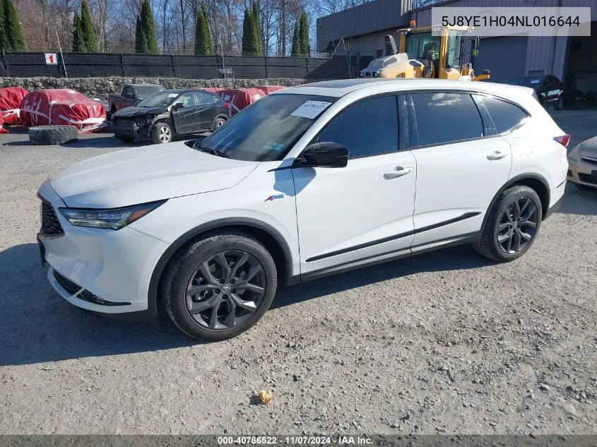 2022 Acura Mdx A-Spec Package VIN: 5J8YE1H04NL016644 Lot: 40786522