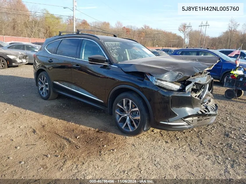 2022 Acura Mdx Technology Package VIN: 5J8YE1H42NL005760 Lot: 40798456