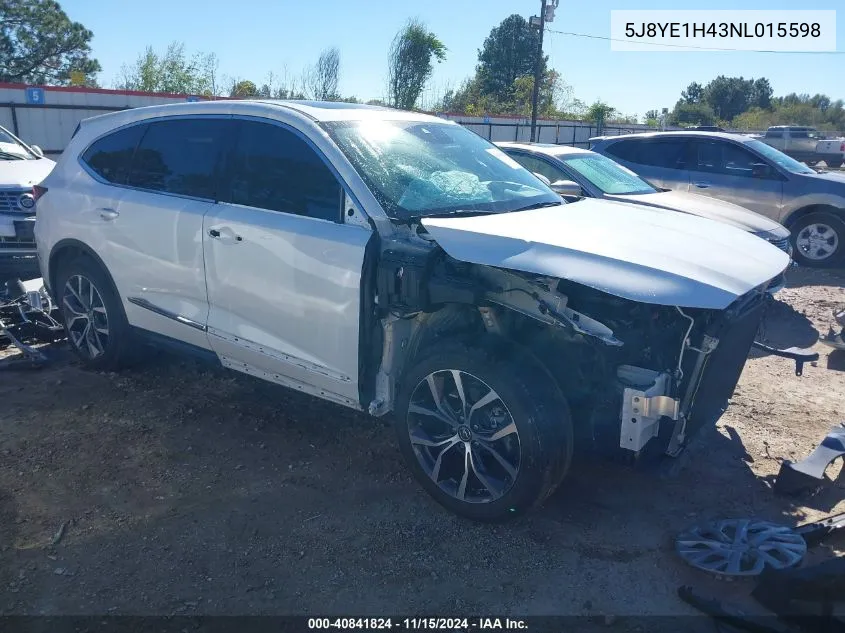 2022 Acura Mdx Technology Package VIN: 5J8YE1H43NL015598 Lot: 40841824