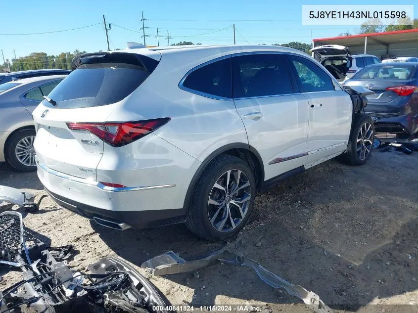 2022 Acura Mdx Technology Package VIN: 5J8YE1H43NL015598 Lot: 40841824