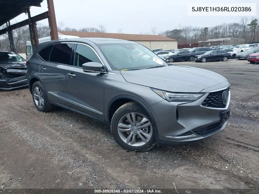 2024 Acura Mdx Standard VIN: 5J8YE1H36RL020386 Lot: 38928345