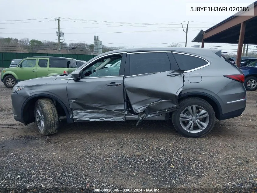 2024 Acura Mdx Standard VIN: 5J8YE1H36RL020386 Lot: 38928345