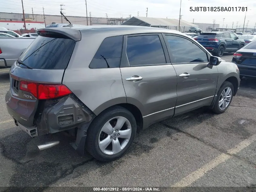 2008 Acura Rdx VIN: 5J8TB18258A011781 Lot: 40012912