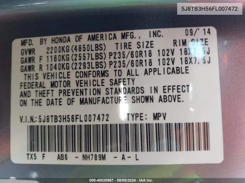 5J8TB3H56FL007472 2015 Acura Rdx