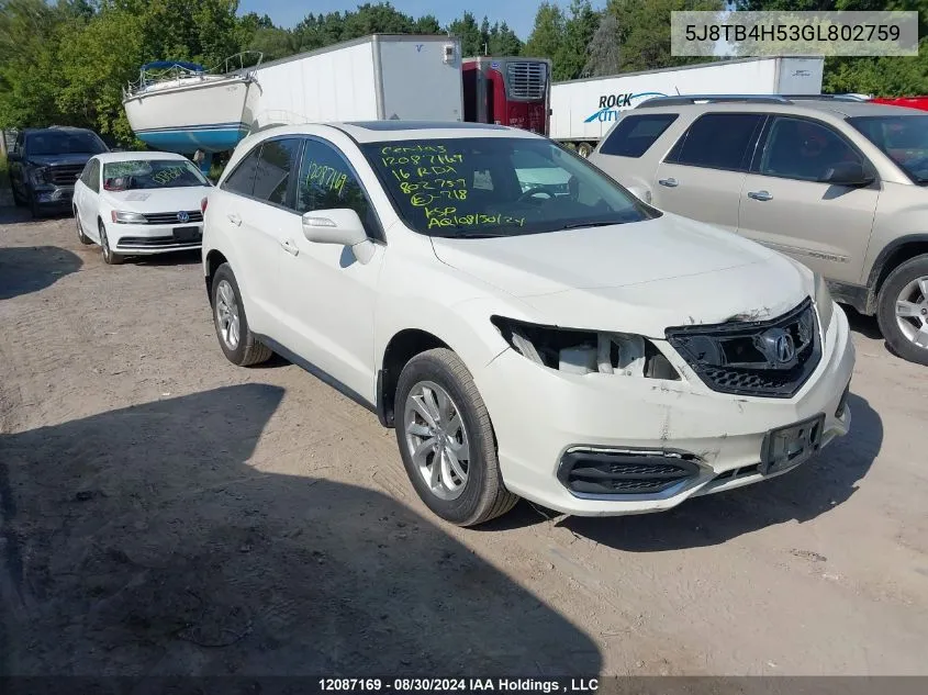 2016 Acura Rdx Technology VIN: 5J8TB4H53GL802759 Lot: 12087169