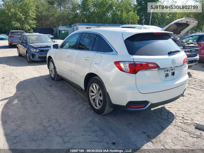 2016 Acura Rdx Technology VIN: 5J8TB4H53GL802759 Lot: 12087169