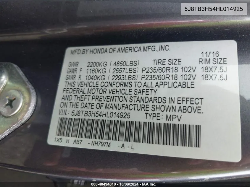 2017 Acura Rdx Technology Acurawatch Plus Packages/W/Technology Package VIN: 5J8TB3H54HL014925 Lot: 40494010