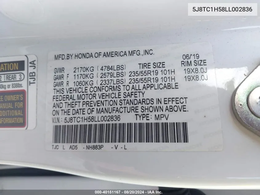 2020 Acura Rdx Technology VIN: 5J8TC1H58LL002836 Lot: 40151167