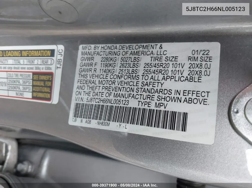 2022 Acura Rdx A-Spec Package VIN: 5J8TC2H66NL005123 Lot: 39371900