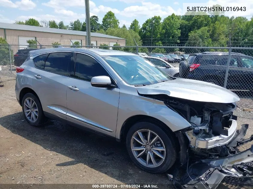 2022 Acura Rdx Technology Package VIN: 5J8TC2H51NL016943 Lot: 39780724