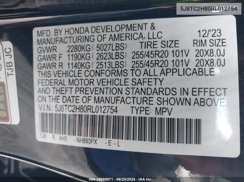 2024 Acura Rdx A-Spec Advance VIN: 5J8TC2H80RL012754 Lot: 39689971