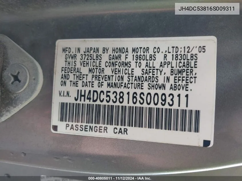 JH4DC53816S009311 2006 Acura Rsx