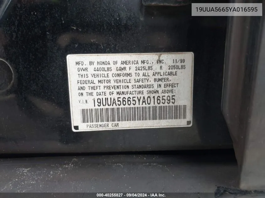 2000 Acura Tl 3.2 VIN: 19UUA5665YA016595 Lot: 40255827