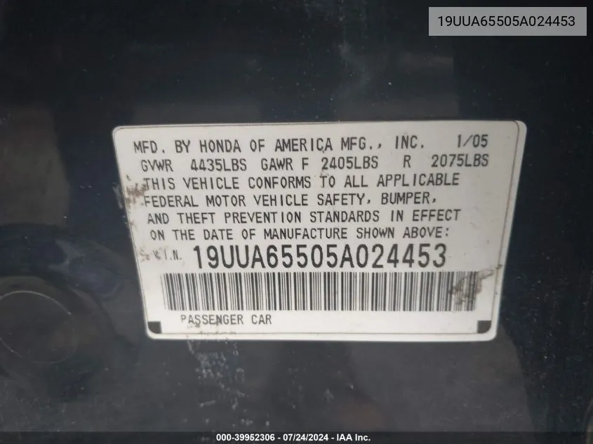 2005 Acura Tl VIN: 19UUA65505A024453 Lot: 39952306