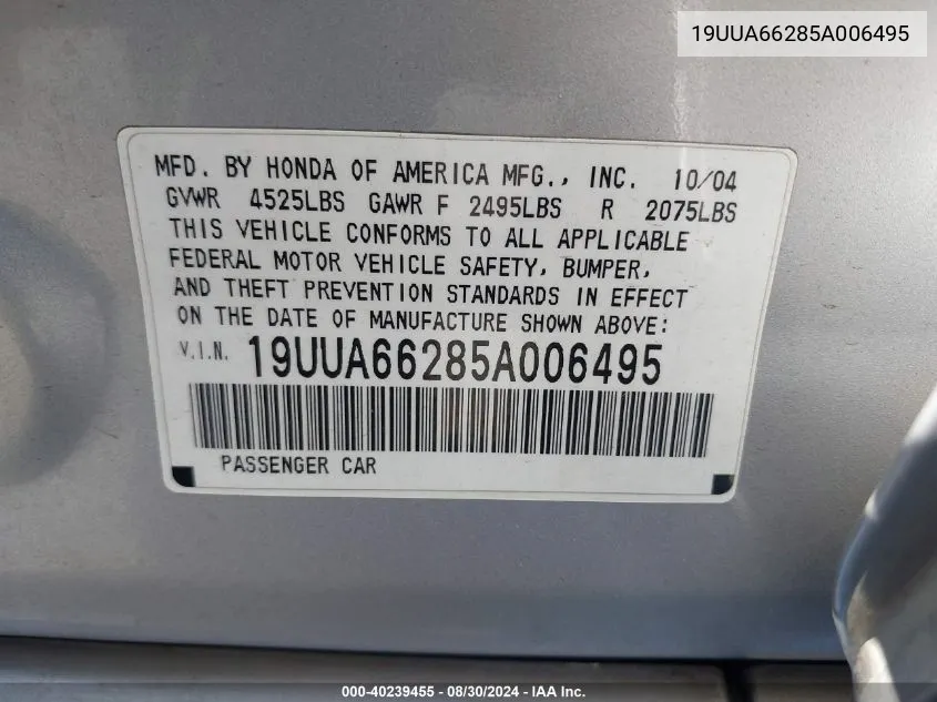 19UUA66285A006495 2005 Acura Tl