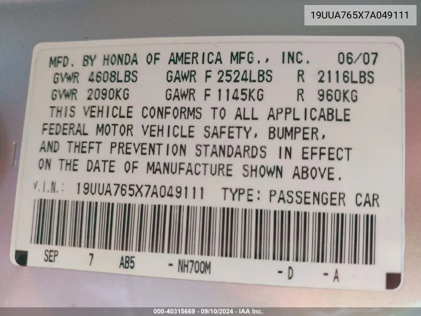 2007 Acura Tl Type S VIN: 19UUA765X7A049111 Lot: 40315669