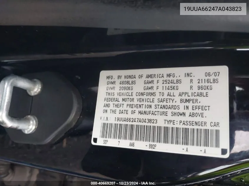 2007 Acura Tl 3.2 VIN: 19UUA66247A043823 Lot: 40669207