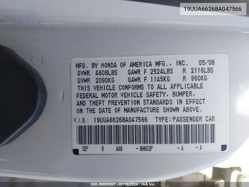 2008 Acura Tl 3.2 VIN: 19UUA66268A047566 Lot: 39892807