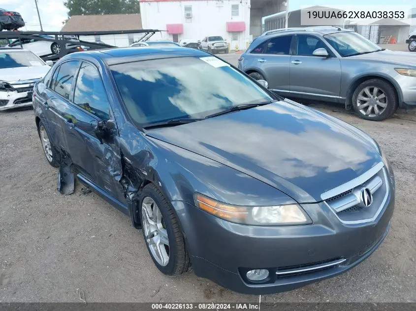 2008 Acura Tl 3.2 VIN: 19UUA662X8A038353 Lot: 40226133