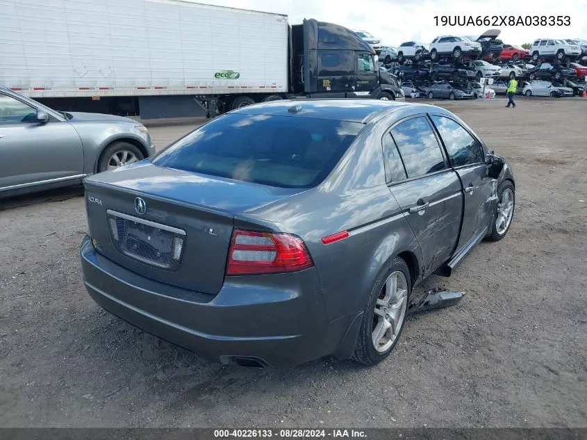 2008 Acura Tl 3.2 VIN: 19UUA662X8A038353 Lot: 40226133