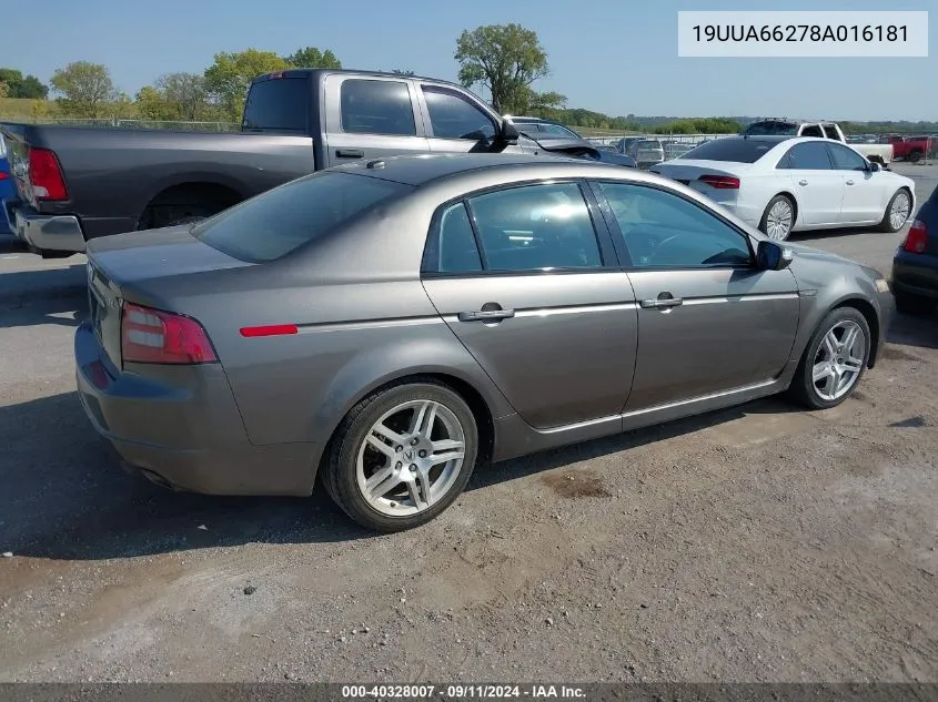 2008 Acura Tl 3.2 VIN: 19UUA66278A016181 Lot: 40328007