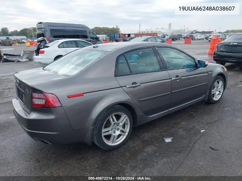 2008 Acura Tl 3.2 VIN: 19UUA66248A038607 Lot: 40672214