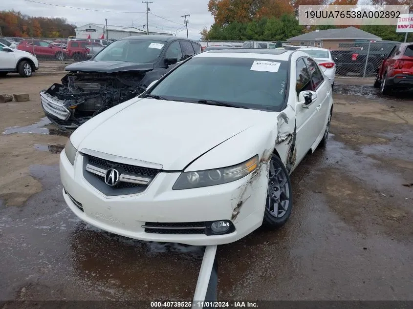 2008 Acura Tl Type S VIN: 19UUA76538A002892 Lot: 40739525