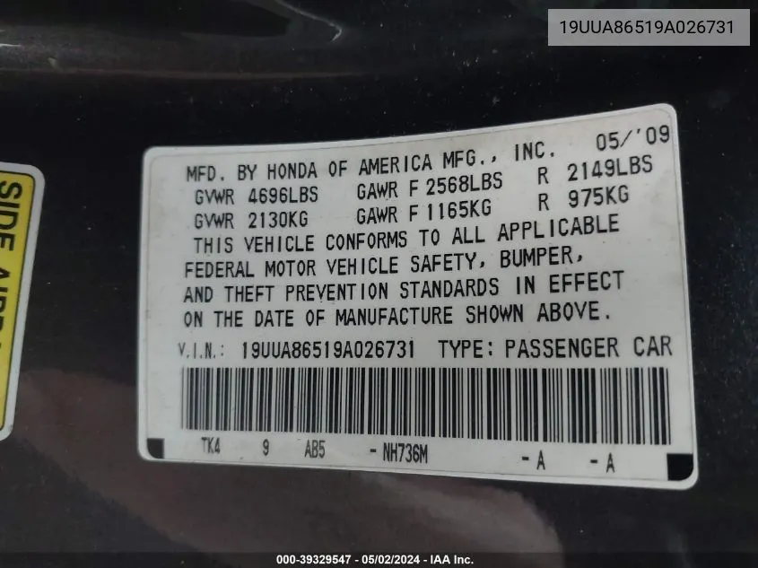 2009 Acura Tl 3.5 VIN: 19UUA86519A026731 Lot: 39329547