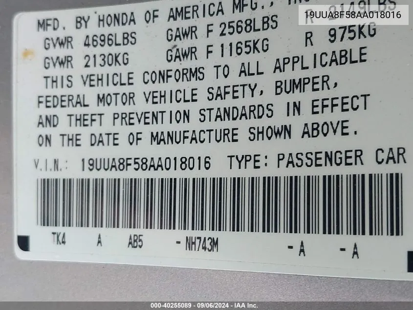 2010 Acura Tl VIN: 19UUA8F58AA018016 Lot: 40255089