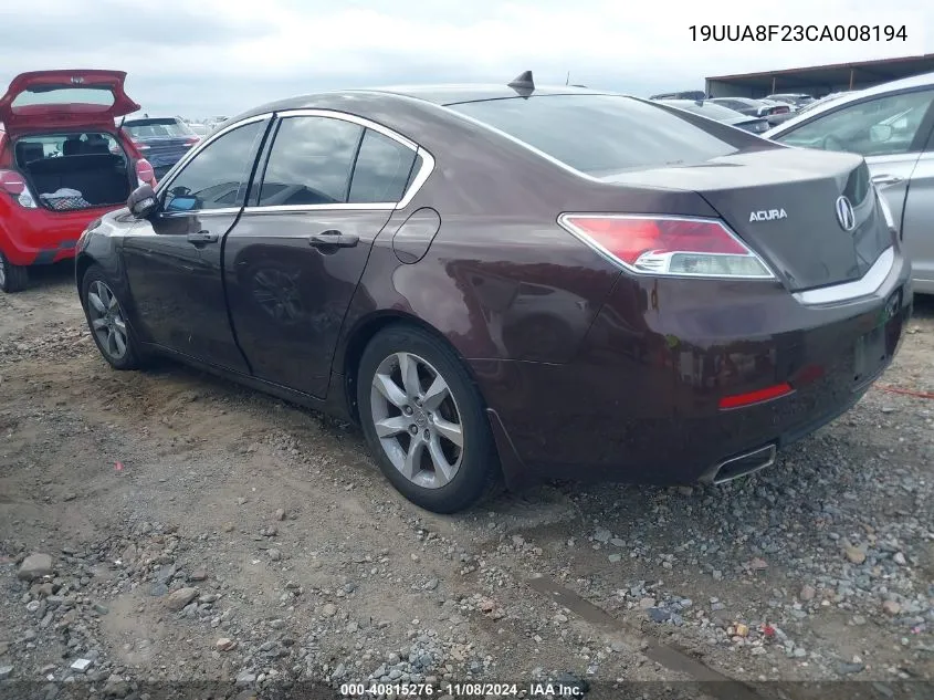 2012 Acura Tl 3.5 VIN: 19UUA8F23CA008194 Lot: 40815276