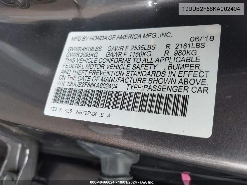 2019 Acura Tlx Technology/A-Spec VIN: 19UUB2F68KA002404 Lot: 40466824