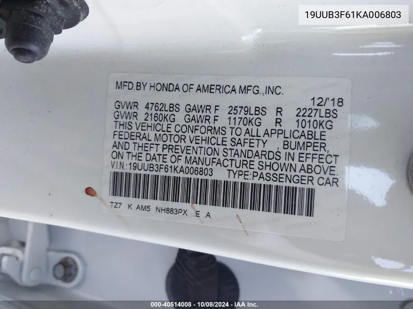 2019 Acura Tlx Technology/A-Spec VIN: 19UUB3F61KA006803 Lot: 40514008