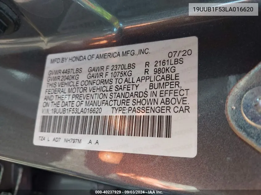 2020 Acura Tlx Tech Package VIN: 19UUB1F53LA016620 Lot: 40237929