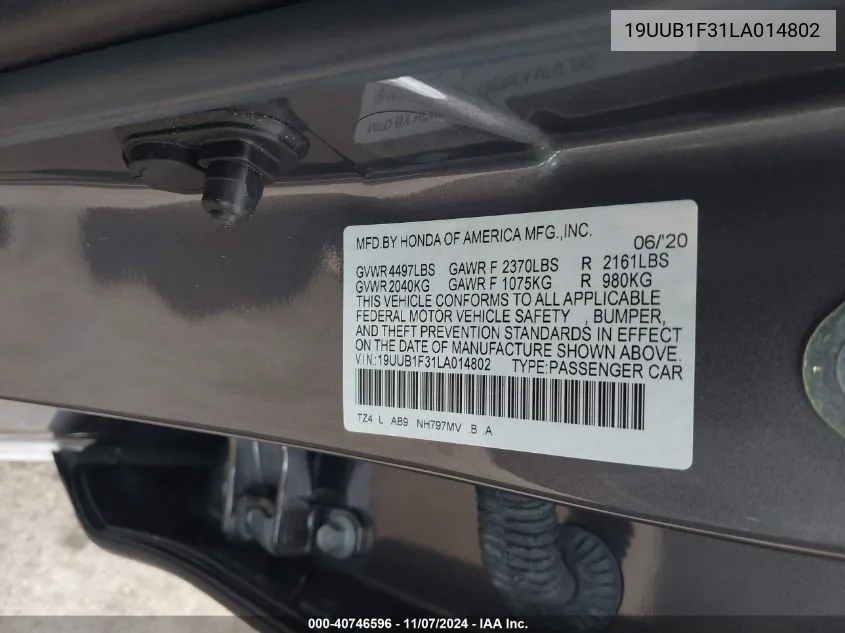 2020 Acura Tlx Standard VIN: 19UUB1F31LA014802 Lot: 40746596