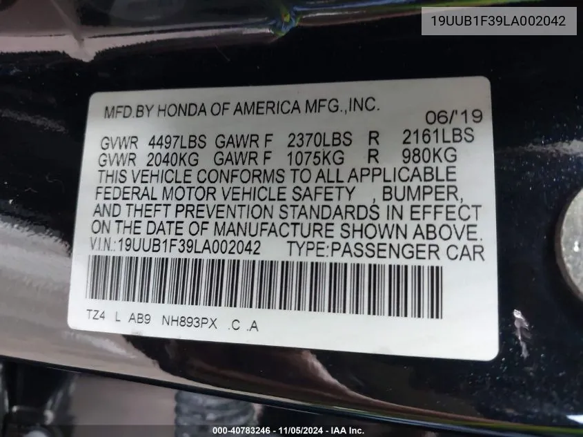 2020 Acura Tlx Standard VIN: 19UUB1F39LA002042 Lot: 40783246