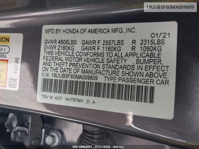 19UUB5F60MA009609 2021 Acura Tlx Advance Package