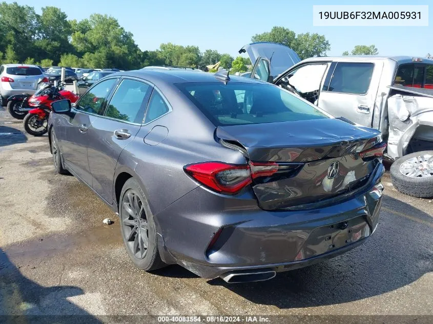 2021 Acura Tlx Standard VIN: 19UUB6F32MA005931 Lot: 40083554