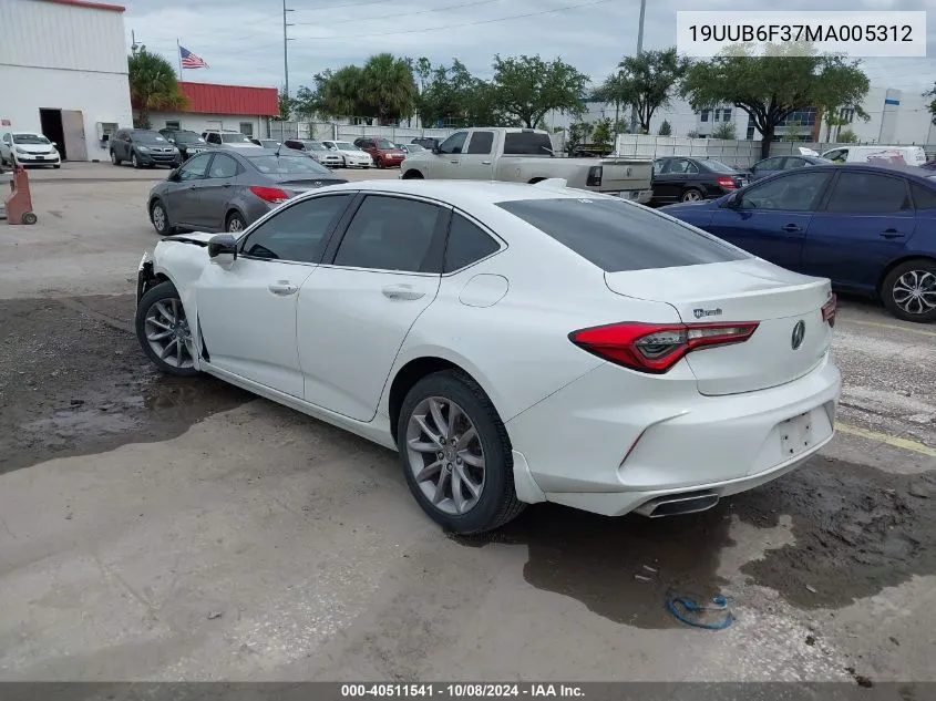 2021 Acura Tlx Standard VIN: 19UUB6F37MA005312 Lot: 40511541