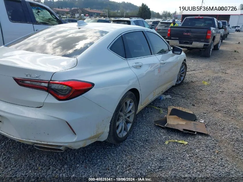 2021 Acura Tlx Standard VIN: 19UUB5F36MA000726 Lot: 40525341