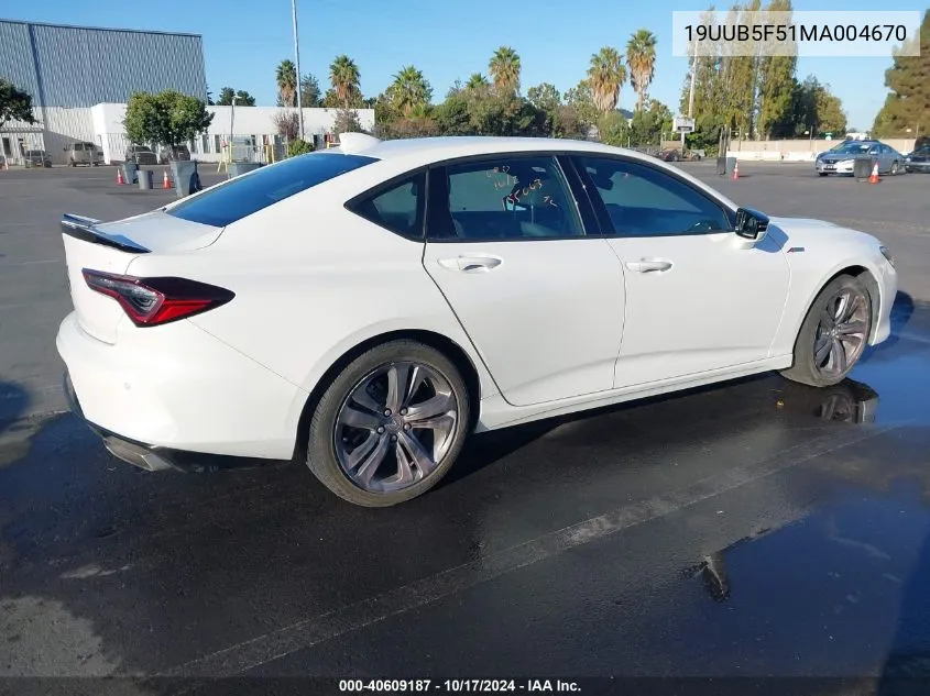 2021 Acura Tlx A-Spec Package VIN: 19UUB5F51MA004670 Lot: 40609187