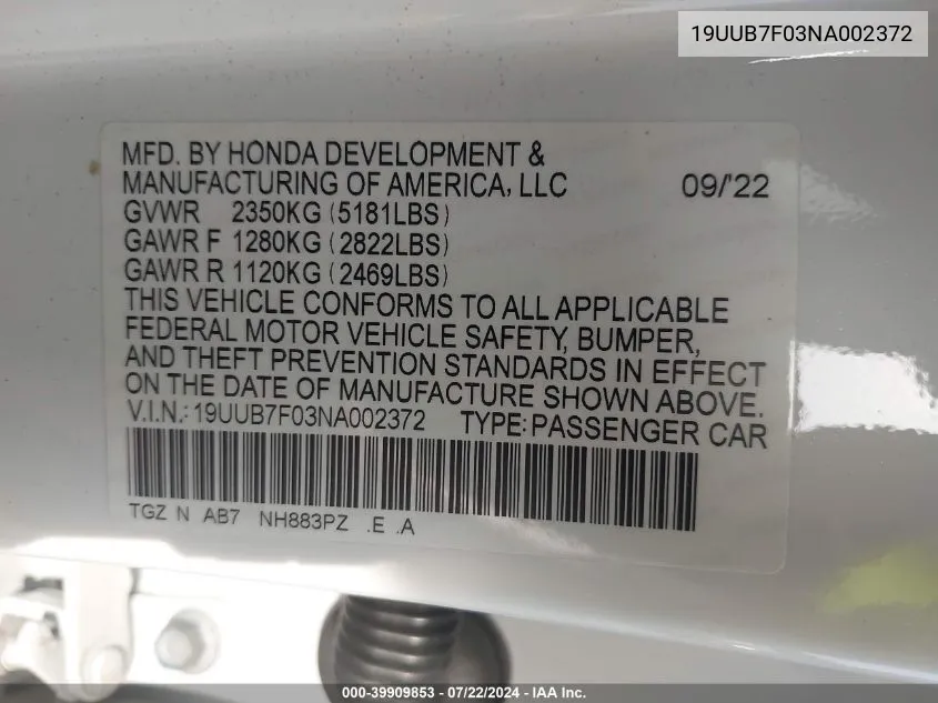 2022 Acura Tlx Type S VIN: 19UUB7F03NA002372 Lot: 39909853